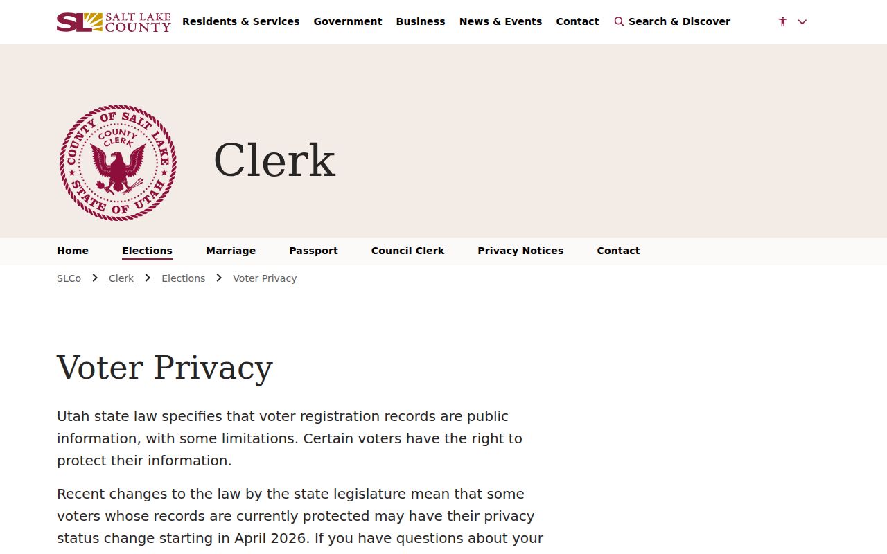 South Salt Lake voter registration privacy and At-Risk guidance