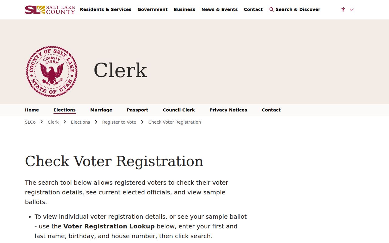 South Salt Lake voter registration lookup fields from Salt Lake County